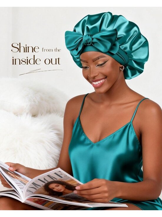〽️Women Blue Zircon Double Layer Hair Wrap Reduce Prevent Frizz Satin Bonnet